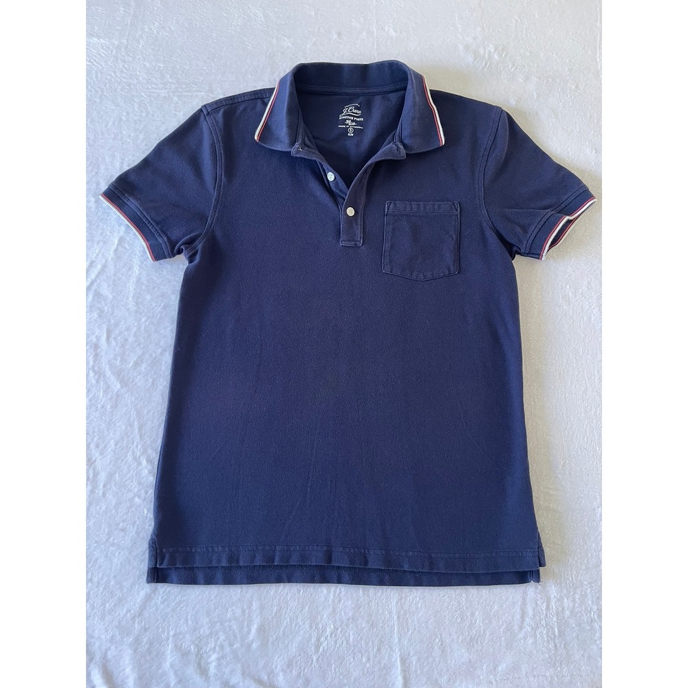 J.Crew Mens Small Slim Stretch Pique Polo Shirt Navy Pocket Red White Trim